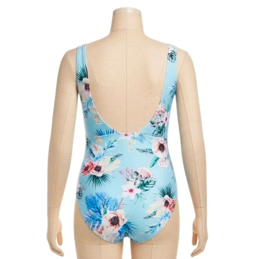 LYSA 1X (18W/20W) Nadia Blue Floral V-neck Swimsuit Open Back Tummy Smoothing